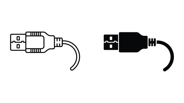 USB cable plug connector icon set in outline and solid black style for computer peripherals and technology connectivity representing hardware interface standards and digital data transfer solutions