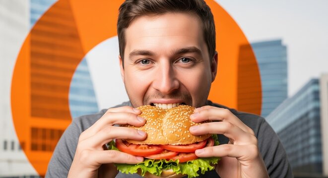 Hungry Man Enjoying A Large Burger With Fresh Vegetables In A Modern Urban City Environment