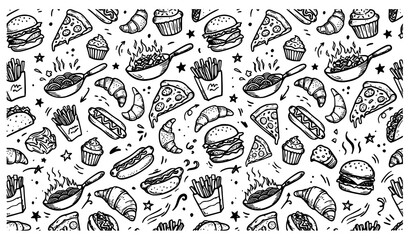 Obraz premium Abstract Fast Food Doodle Pattern – Seamless Vector Illustration