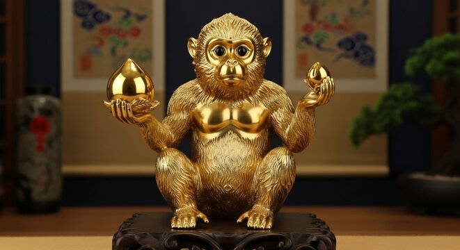 Golden monkey figurine holding an egg on a dark wooden stand.