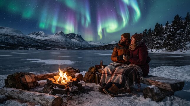 Romantic couple under blanket sitting by cozy campfire watching magical northern lights aurora borealis in winter