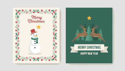 Fototapeta premium Set of two festive holiday greeting cards featuring a cute snowman in a frame and running reindeer in a pine forest background.