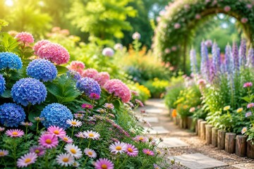 Obraz premium A vibrant garden filled with colorful blooms, captured with a delicate and artistic focus.
