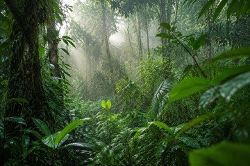 Fototapeta premium Misty tropical rainforest with sunlight filtering through dense green foliage.