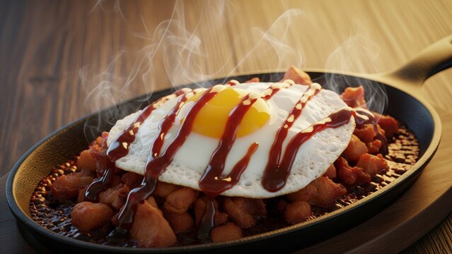 Sizzling Sisig on Cast Iron Skillet with Egg