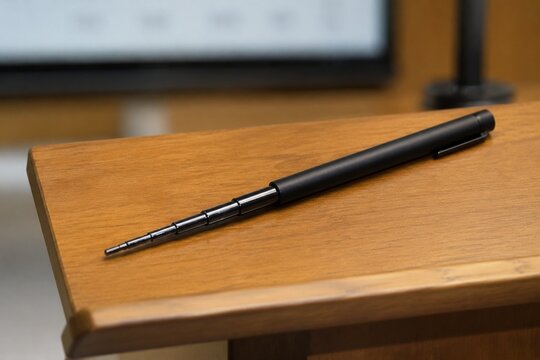 A telescopic pointer retracting on a wooden lectern with a blurred background.