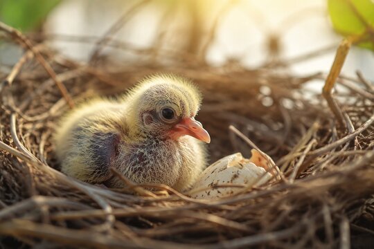 A newly hatched downy chick resting in a large nest in soft morning light.