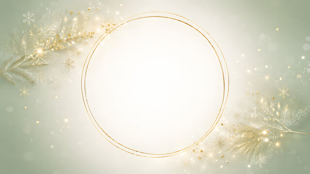Luxury gold circle metallic frame with blank white center space, botanical leaves, and snowflakes on soft green background. generated by AI.