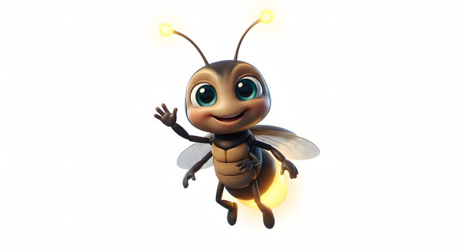 Friendly glowing firefly bug mascot smiling with big blue eyes, 3D rendering