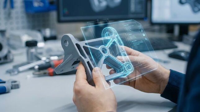 Engineer uses augmented reality to analyze a 3D printed mechanical part. Conceptual industrial design and technology.