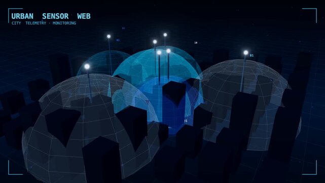 Urban sensor coverage domes city, smart city and connected infrastructure concept 3D animation, seamless loop.