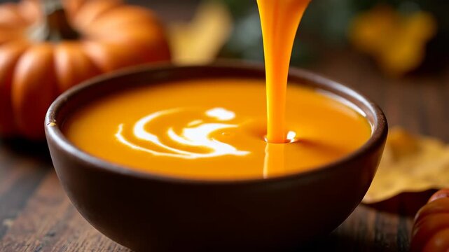 Bright orange pumpkin soup being poured into ceramic bowl, cream swirled on top, rustic autumn table bokeh