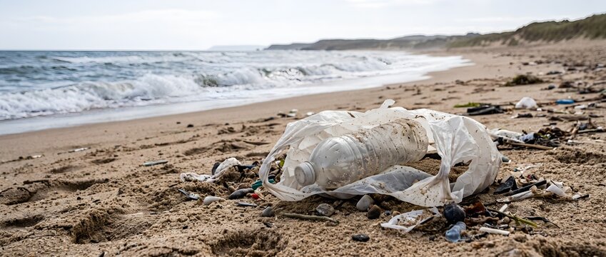 Plastic bottle and bag waste polluting a sandy ocean beach in nature