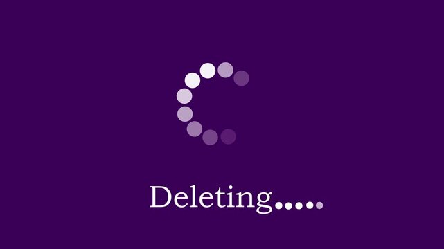 Animated deleting progress indicator with rotating circular loading on a solid purple background, software interface data management concepts, and digital user experience projects