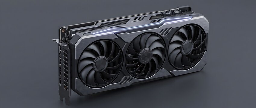Powerful computer graphics card with triple fan cooling on dark background.