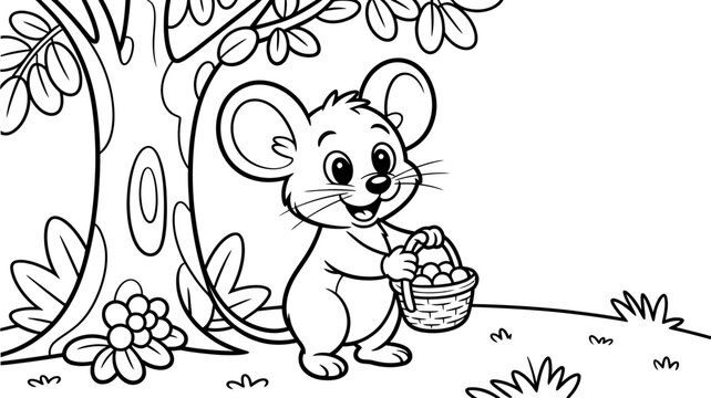 Cute cartoon mouse holding a small wicker basket standing under a tree outline drawing with coloring, illustration