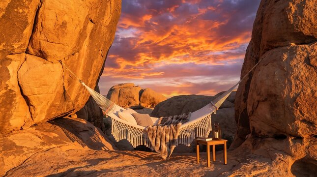 Cozy boho hammock tied between large desert rocks looking out to spectacular glowing orange sunset clouds