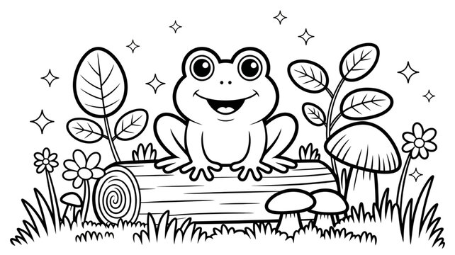 Happy little frog sitting on wooden log in forest coloring page with mushroom coloring woodland wildlife children