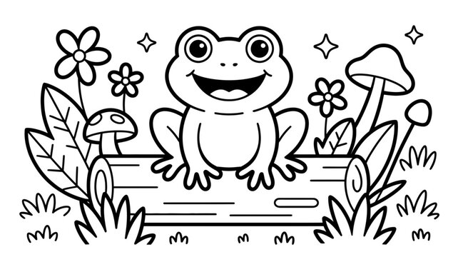 Happy frog sitting on a log coloring page for kids with coloring mushroom amphibian illustration children activity