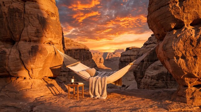 Cozy relaxation hammock tied between desert canyon rocks overlooking scenic mountain valley at golden sunset
