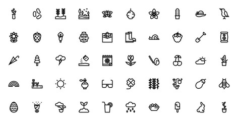 Spring icon set. Minimal vector icons. Featuring flowers, butterflies, rainbow, sun, birds, trees, bees, Easter eggs, tulips, ladybugs, snails, strawberries, and more. Editable stroke. © wang