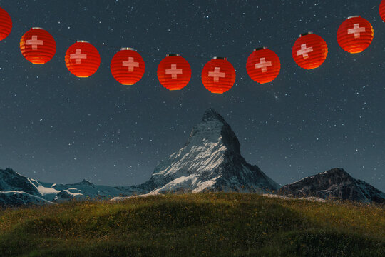 3d rendering of hanging lighten lampion covered with swiss flag over mountain pasture with view to the matterhorn mountain