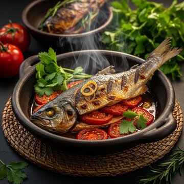 Grilled Bangus Stuffed with Ripe Tomatoes in Clay Pot