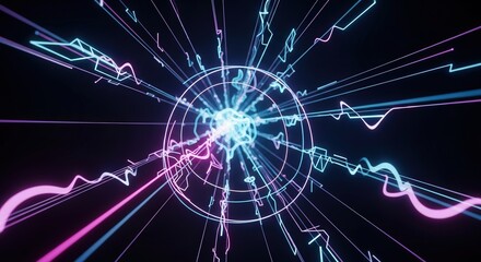 Fototapeta premium Futuristic neon light burst with dynamic energy lines in a dark space