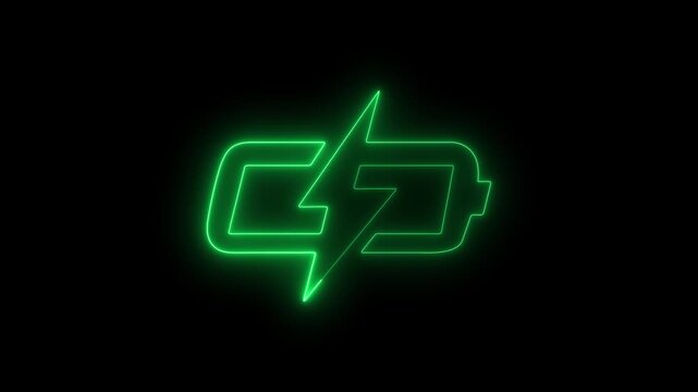 Glowing green battery charging icon animation neon energy power electricity