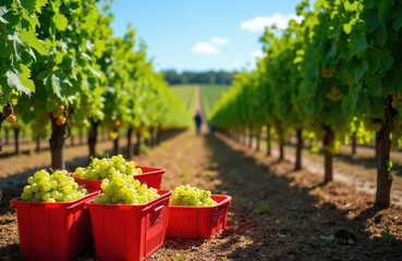 Obraz premium Green grapes fill red plastic crates in sunny vineyard rows. Fresh harvest waits on farm ground between green vines. Agricultural workers pick fruit during autumn season. Winery field landscape shows