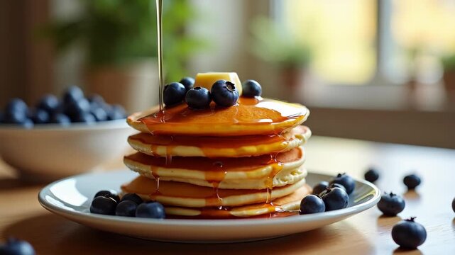 Homemade blueberry pancakes stacked high with syrup pouring slowly, butter melting on top, bright kitchen bokeh background
