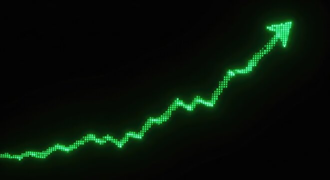 Glowing neon green data line trends upward against a dark black backdrop, representing financial success and positive market investment, minimalist, currency, futuristic