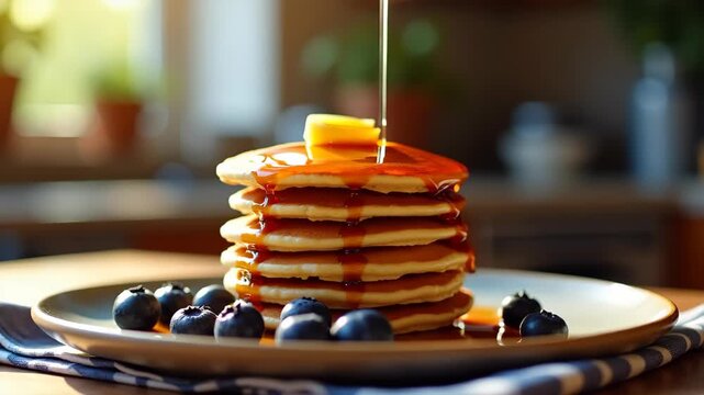 Homemade blueberry pancakes stacked high with syrup pouring slowly, butter melting on top, bright kitchen bokeh background