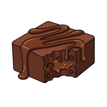 Decadent bitten chocolate brownie square with melted chocolate fudge drizzle and chocolate chips inside. Sweet baked dessert cartoon illustration.