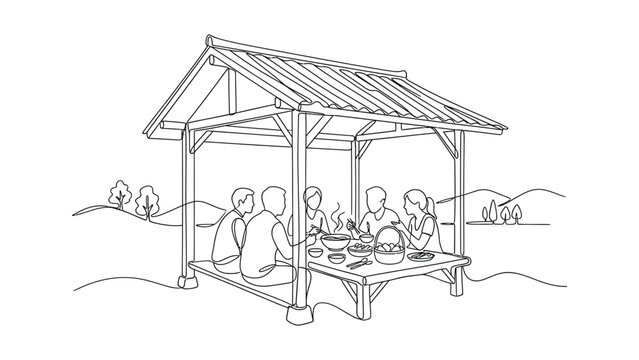 Continuous line drawing of a family having lunch in a wooden gazebo