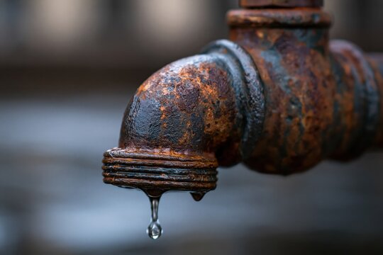 Rusty faucet dripping water symbolizing global warming