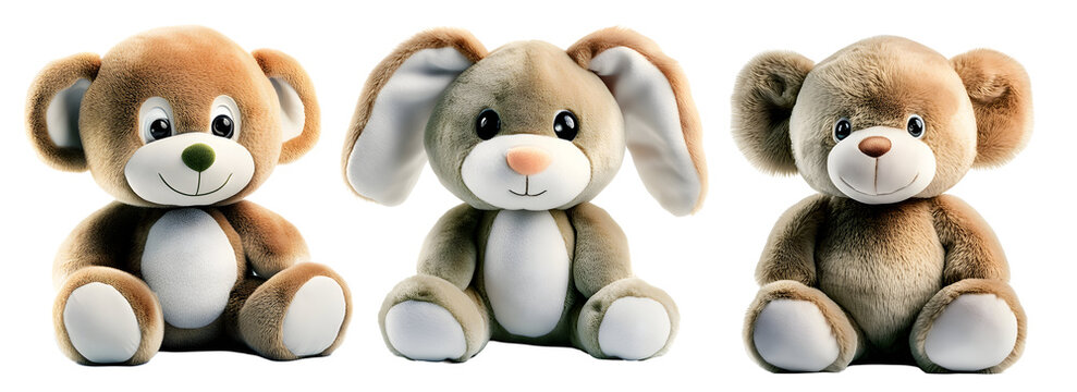 Three cute plush stuffed toys including teddy bears and a rabbit isolated on a transparent background