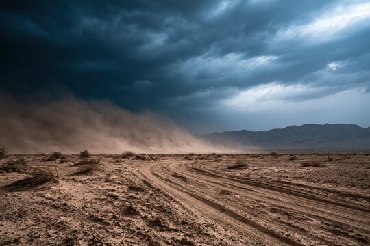 Desert sandstorm approaching a dry landscape under dark clouds