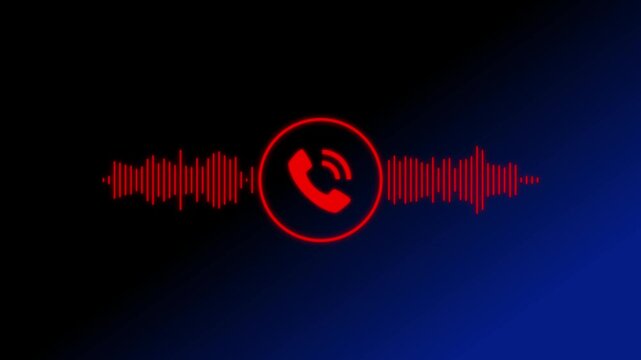 Red glowing telephone handset inside a circle with digital audio waveform visualization on a dark blue and black gradient background