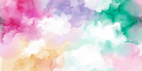 Obraz premium Abstract Blue Watercolor Sky Background with Soft White Clouds Bright Summer Cloudscape Vintage Grunge Texture and Artistic Watercolor Splashes Illustration