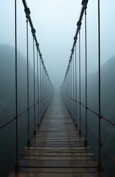 Old suspension bridge with rusted cables disappears into thick fog and mist. Wet wooden planks lead over a dark abyss. Moody atmosphere, sense of mystery and isolation. Cinematic perspective.