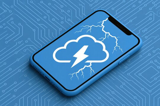 Smartphone displaying cloud with lightning representing climate change
