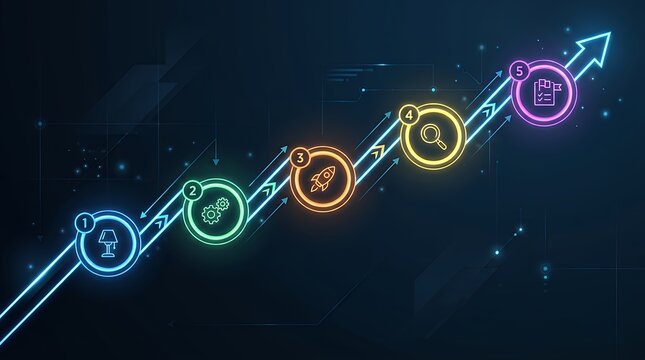 Angular timeline presentation layout with slanted paths and glowing circular steps on a dark backdrop for five phase workflow planning Agenda or schedule infographic process diagram with skew slope