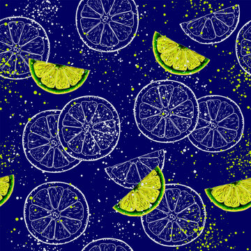 Blue seamless pattern of graphic and hand drawn oranges