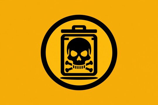 Toxicity warning symbol with skull and bones in trash bin