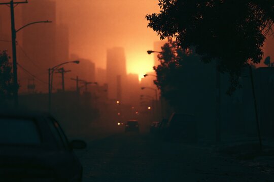 Urban street experiencing severe pollution and global warming haze