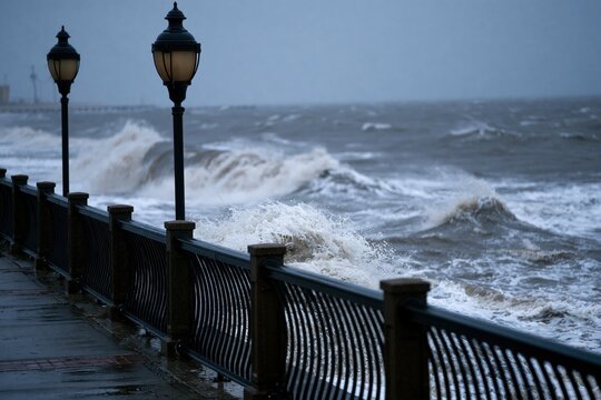 Storm surges impacting coastal city promenade