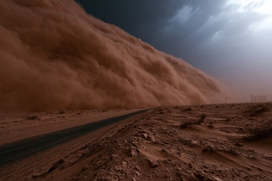 Sandstorm encroaching desert road, illustrating pollution damage