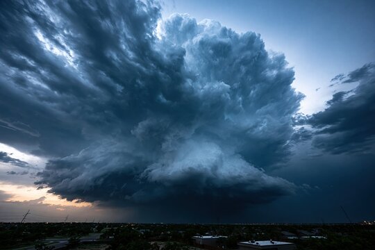 Supercell storm cloud forming over city at sunset