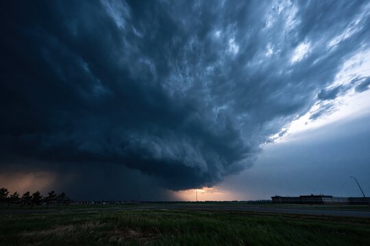 Powerful supercell storm clouds developing over landscape